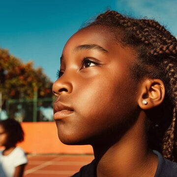 Close-up profile portrait of a young Black girl with cornrow braids outdoors