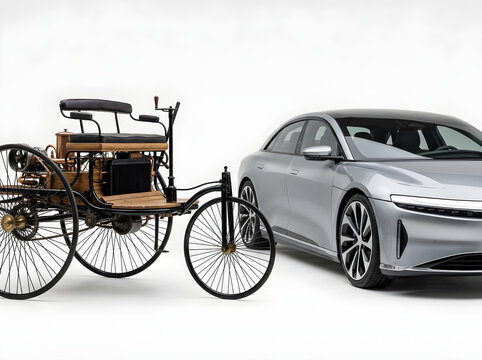 Vintage antique motorwagen and modern electric sedan side by side on white background, evolution of automotive engineering from first horseless carriage to futuristic luxury EV. Historical