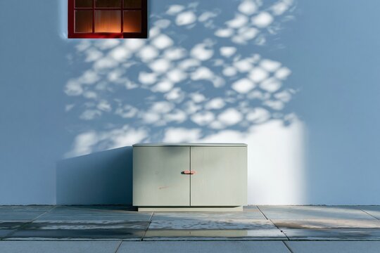 Minimalist green wooden storage cabinet against a blue wall with dappled window shadows for furniture mockup and interior design concepts