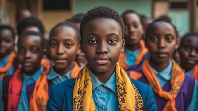 Group Portrait of Black Female Students in School Uniforms and Colorful Scarves