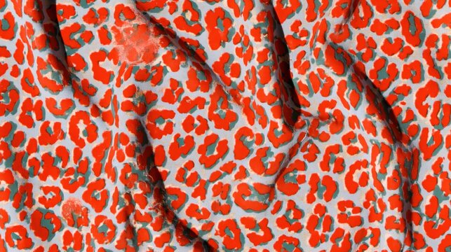 Leopard print textile background with bright coral rosettes on lavender fabric for fashion design and creative styling
