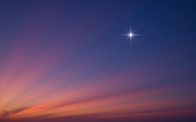Obraz premium Bright star shining prominently in a twilight sky with colorful sunset clouds.