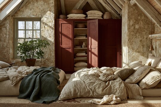 Burnt terracotta orange wardrobe in a rustic loft bedroom conversion featuring sloped ceilings, textured plaster walls, and cozy layered linens for interior design and property marketing