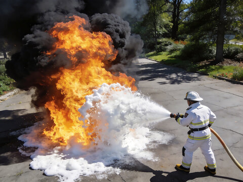 Firefighter extinguishing fire with foam