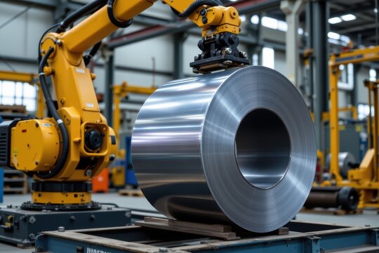 Industrial robotic arm handling a large metal coil inside a modern manufacturing facility.