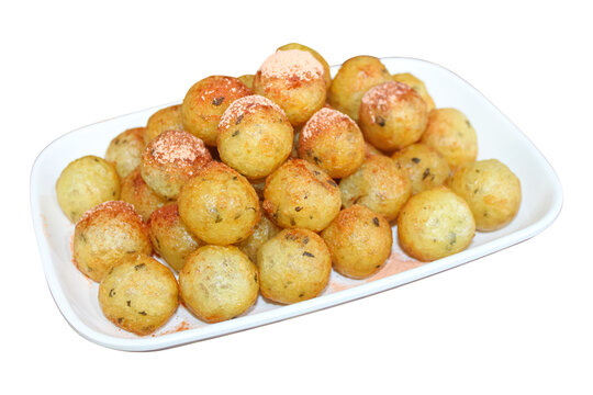 Crispy golden potato balls isolated on transparent background photo