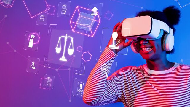 A joyful young woman explores the exciting world of virtual reality with a headset, surrounded by vibrant digital icons symbolizing innovation and engagement. Raster