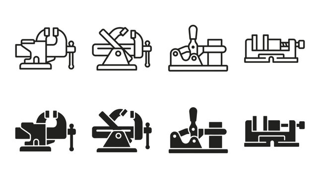 Industrial vise clamps and mechanical workholding tools icon set with industrial mechanical workholding manufacturing