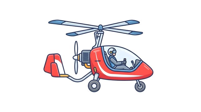 Vector illustration of a small red autogyro or gyrocopter with a pilot inside. Light aviation and flying concept.