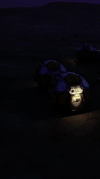 Beneath a vast star filled sky, unique geometric structures emit a gentle glow. The setting is quiet and still, evoking a sense of wonder about their purpose and origin.