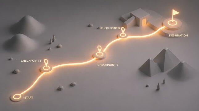 Strategic navigation glowing path concepts. Glowing Pathway with Checkpoints Leading to Destination in Minimalist Landscape