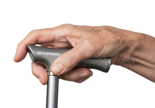 Osteoporosis hand holding cane support for bone health and mobility on white background