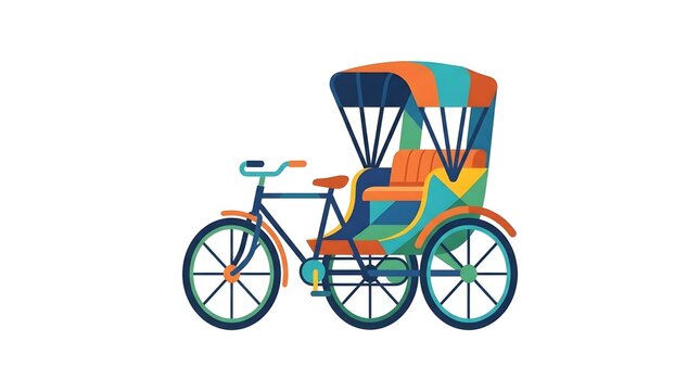 Flat vector illustration of a colorful traditional cycle rickshaw or pedicab. Asian public transport concept.