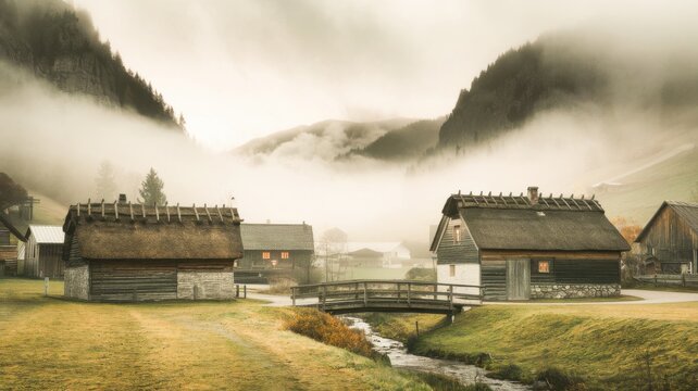 Dreamlike Nordic mountain village with cozy wooden cabins rustic boardwalk paths fog shrouded peaks tranquil autumn countryside cinematic high resolution landscape photography