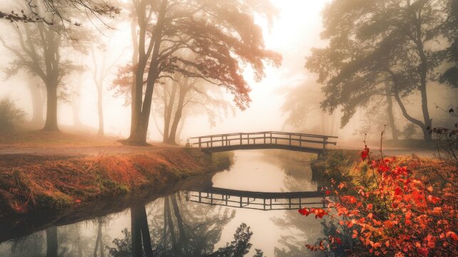 Picturesque wooden footbridge arching over a calm reflective stream in an autumn park surrounded by dense fog glowing golden sunlight vibrant red and orange foliage photorealistic landscape photograph