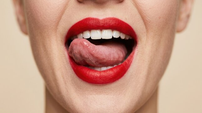 Woman with red lipstick licking lips. Close up of female mouth with tongue and white teeth.