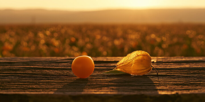 Goldenberry fruit and husk on rustic wood at sunset