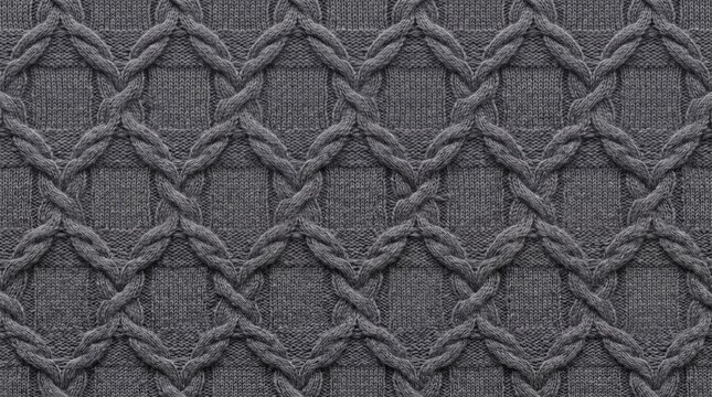 Detailed grey cable knit fabric with woven diamond pattern in soft studio lighting