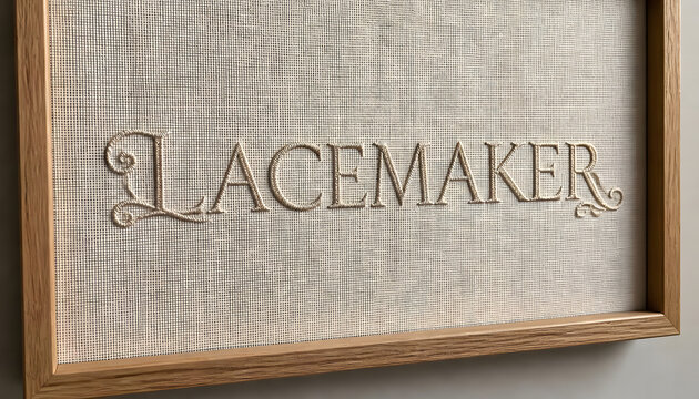 Elegant embroidered Lacemaker text on textured fabric canvas framed with light oak wood