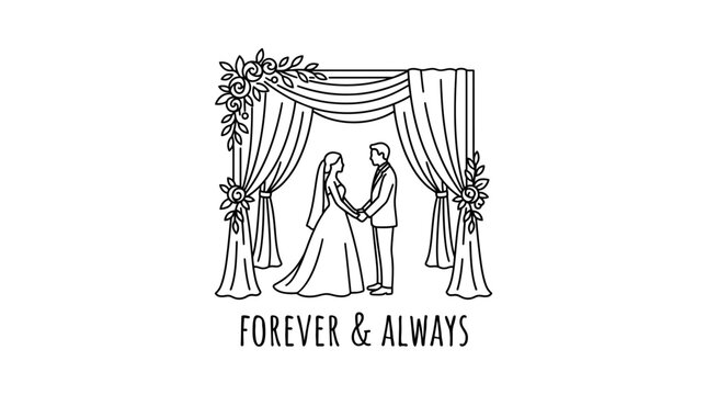 Couple Standing Beneath Wedding Chuppah Canopy Line Art Style Vector Illustration