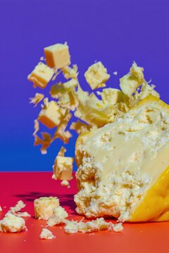 Floating cheese cubes and crumbly shavings scattering in mid-air above a vibrant saturated background for snack food advertising and copy space