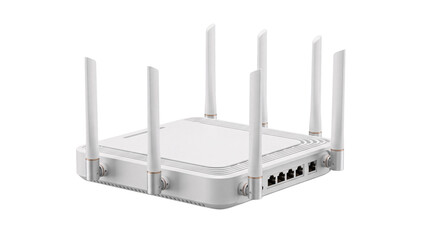 Fototapeta premium White wireless router with ethernet ports and antennas png isolated on transparent background