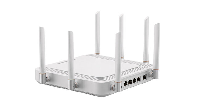 White wireless router with ethernet ports and antennas png isolated on transparent background