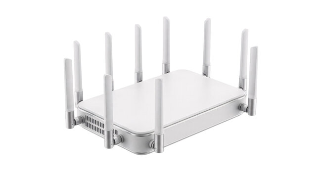 White wireless router with multiple antennas on png isolated on transparent background