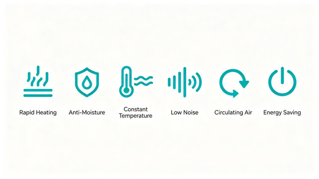 The minimalist blue line heating appliance feature icon array represents the practical advantages of heating equipment, suitable for bathroom heater posters and product parameter sections.
