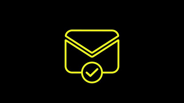 Email message sent icon animation with checkmark badge on black background glowing neon yellow motion clip.
