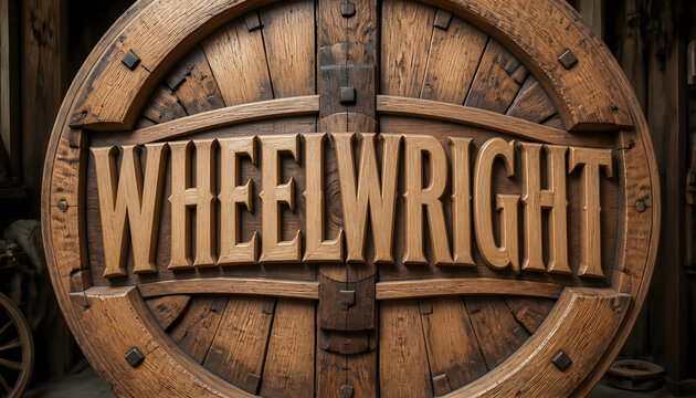 Carved wooden Wheelwright sign mounted on round wooden wheel structure