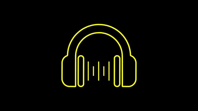 Neon yellow glowing headphones icon with pulsing audio equalizer waveform animation on solid black background.