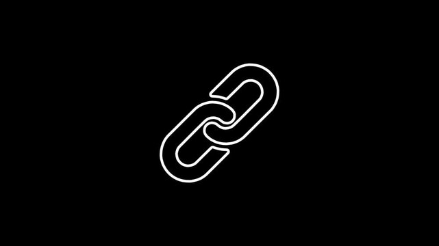 Minimalist white line link icon animation on black background representing digital connection and security.