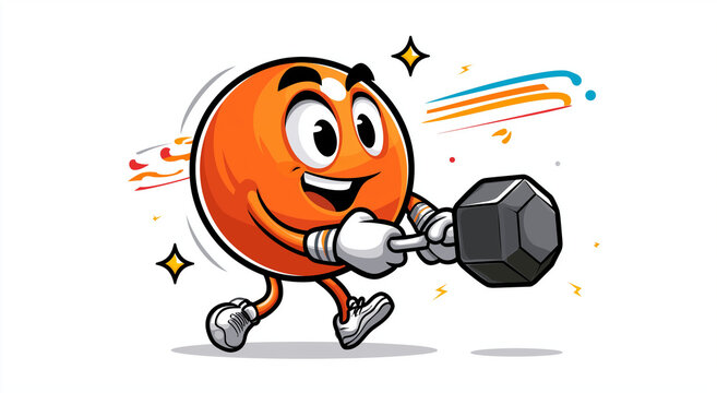 Happy cartoon character lifting dumbbell