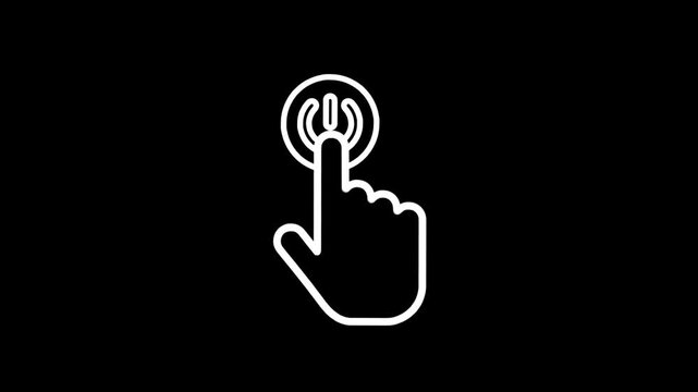 A hand presses power button in loop animation concept of turning device on or off digital display.