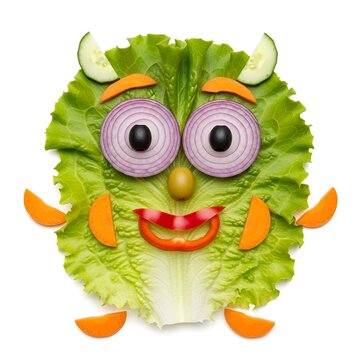Funny monster face character created with fresh salad and vegetables