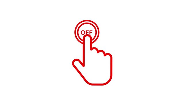Red finger icon pressing off button on white background showing power down action for technology user interface.
