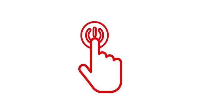 Red finger hand cursor pointing to power button symbol on white background animation.
