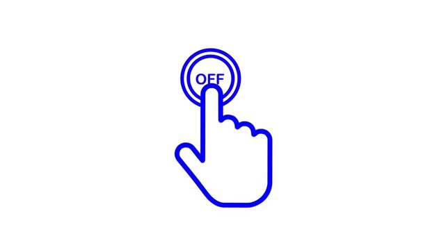 Minimal blue line animation showing hand icon pressing off button on white background for interface design.