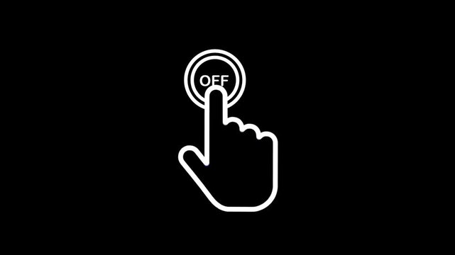 A hand presses off button, animated pictogram of finger pointer clicking on an off switch, motion graphic.