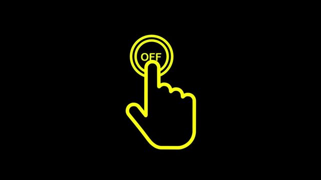Hand cursor tapping off button glowing yellow on black background animation, user interaction concept.