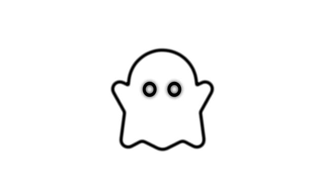 A simple black outline ghost icon on a white background, with glowing eyes, minimal and spooky motion footage.