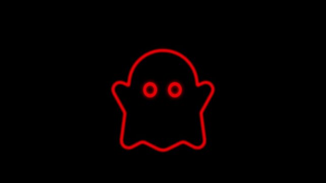 Red glowing neon ghost line icon animation on black background flickering halloween motion graphic footage.