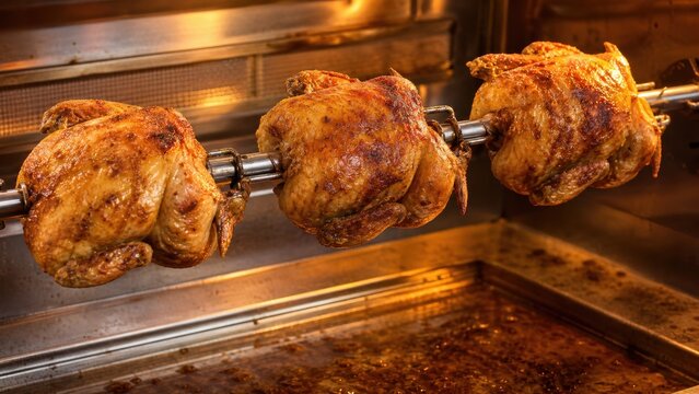 Whole roast chickens rotating on rotisserie spit at festival stall