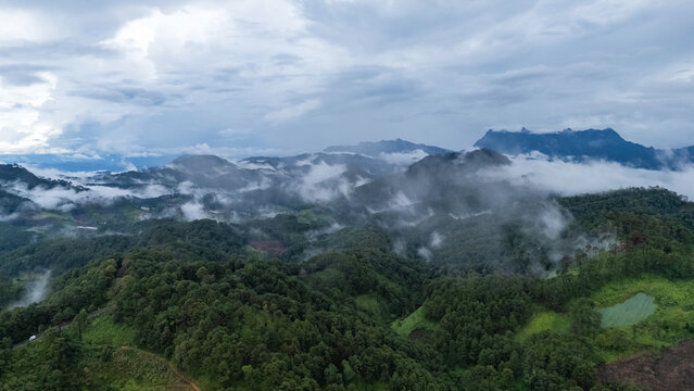 After summer rain with fog and clouds hanging over green forest hills in the national park of thailand. Aerial view