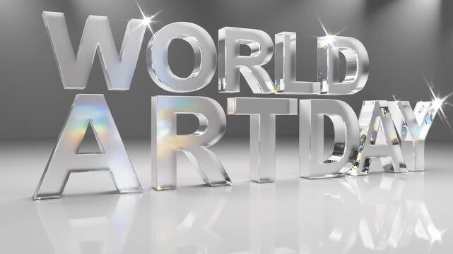 3D Glass Text World Art Day on Reflective Floor Studio Lighting.