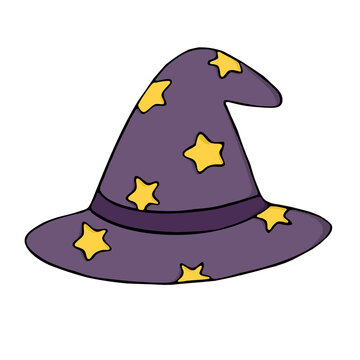 Adorable puurple witch hat with yellow stars isolated on black background, hand-drawn magic wizard hat illustration for Halloween design