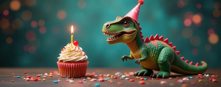Party dinosaur with festive cupcake and candle , party, background