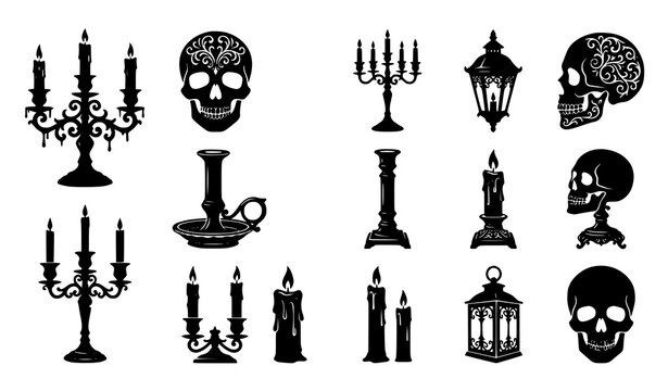 Gothic Halloween Silhouette Icon Set with Human Skulls Candelabras Vintage Lanterns and Burning Candles for Spooky Parties and Day of the Dead Designs