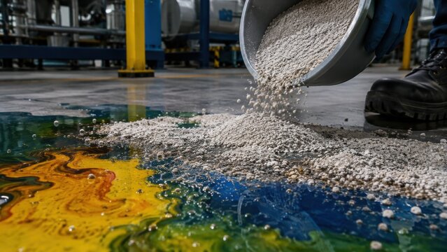 Pouring absorbent granules onto industrial chemical spill
